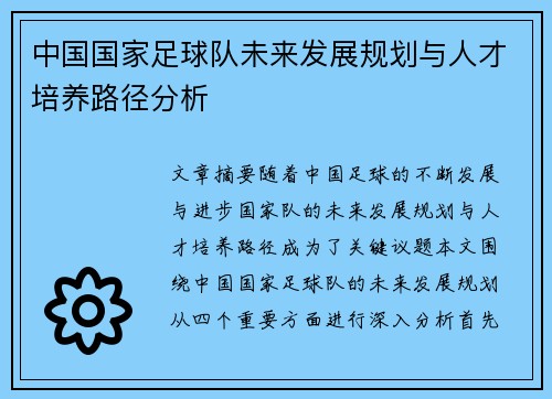 中国国家足球队未来发展规划与人才培养路径分析